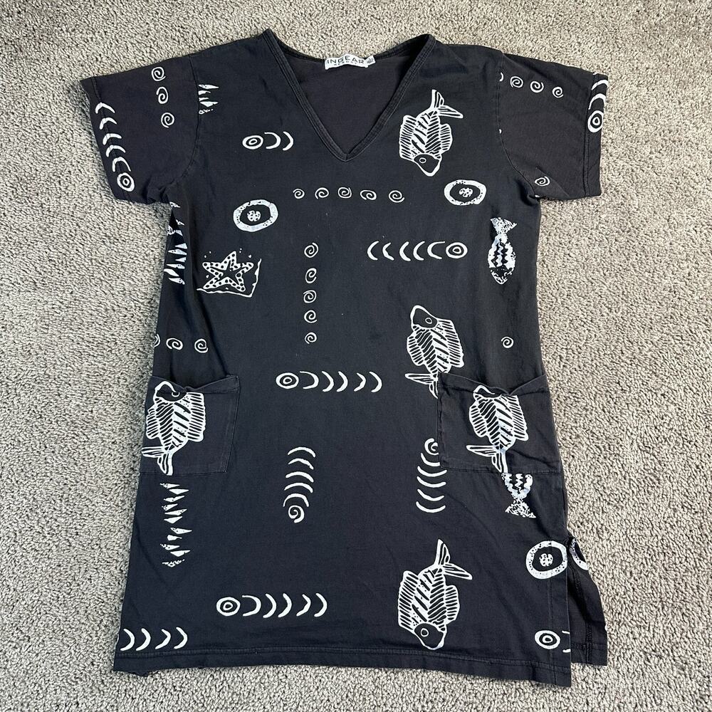 VINTAGE INGEAR Resort Tunic Womens Large Black White Tribal Fish Print Ladies*